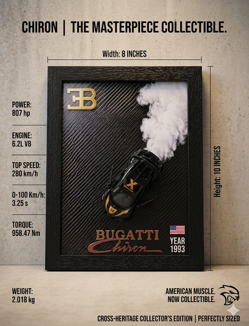 BUGATTI CHIRON 3D Car Frame(SCALE-1:64) Wall Art Wooden Frame With Removable Die-Cast Cars Pull-Back Action Lights And Opening Doors Collectible Display For Car Lovers