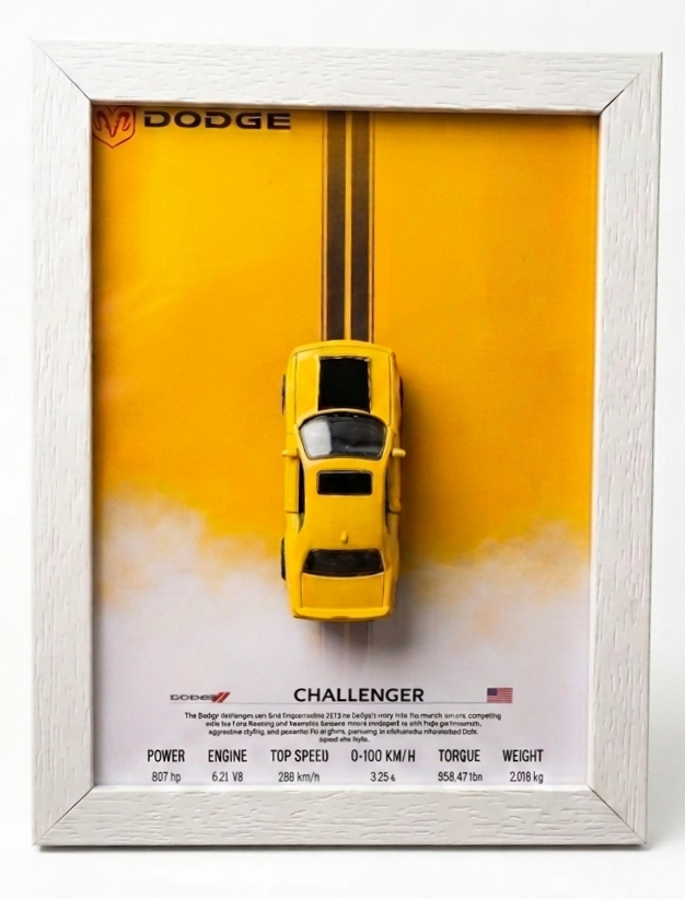 DODGE CHALLENGER 3D Car Frame(SCALE-1:64) Wall Art Wooden Frame With Removable Die-Cast Cars Pull-Back Action Lights And Opening Doors Collectible Display For Car Lovers