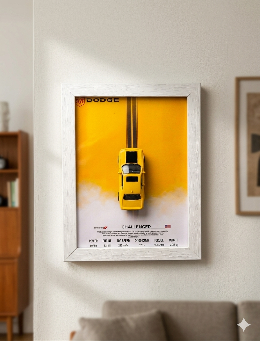 DODGE CHALLENGER 3D Car Frame(SCALE-1:64) Wall Art Wooden Frame With Removable Die-Cast Cars Pull-Back Action Lights And Opening Doors Collectible Display For Car Lovers