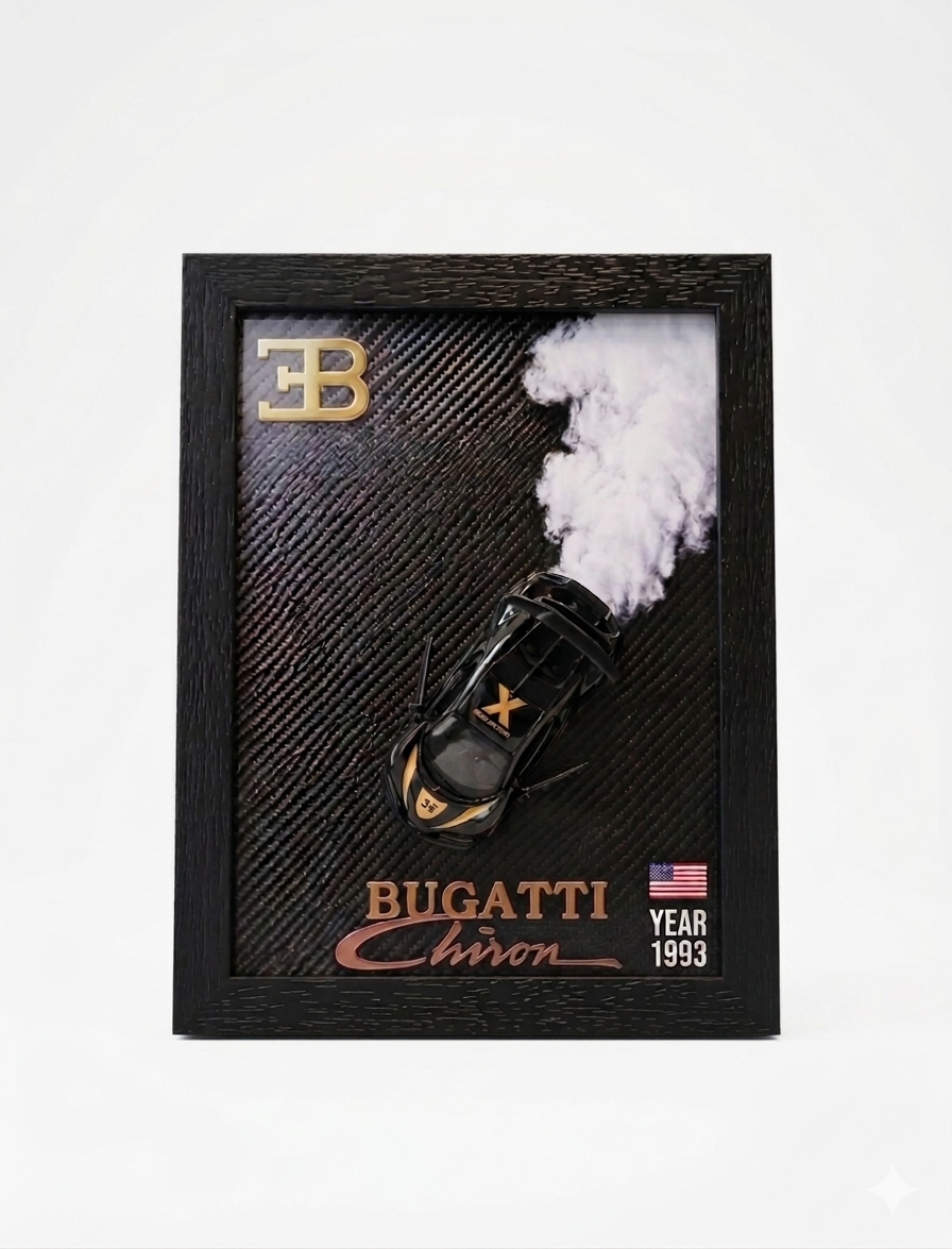 BUGATTI CHIRON 3D Car Frame(SCALE-1:64) Wall Art Wooden Frame With Removable Die-Cast Cars Pull-Back Action Lights And Opening Doors Collectible Display For Car Lovers