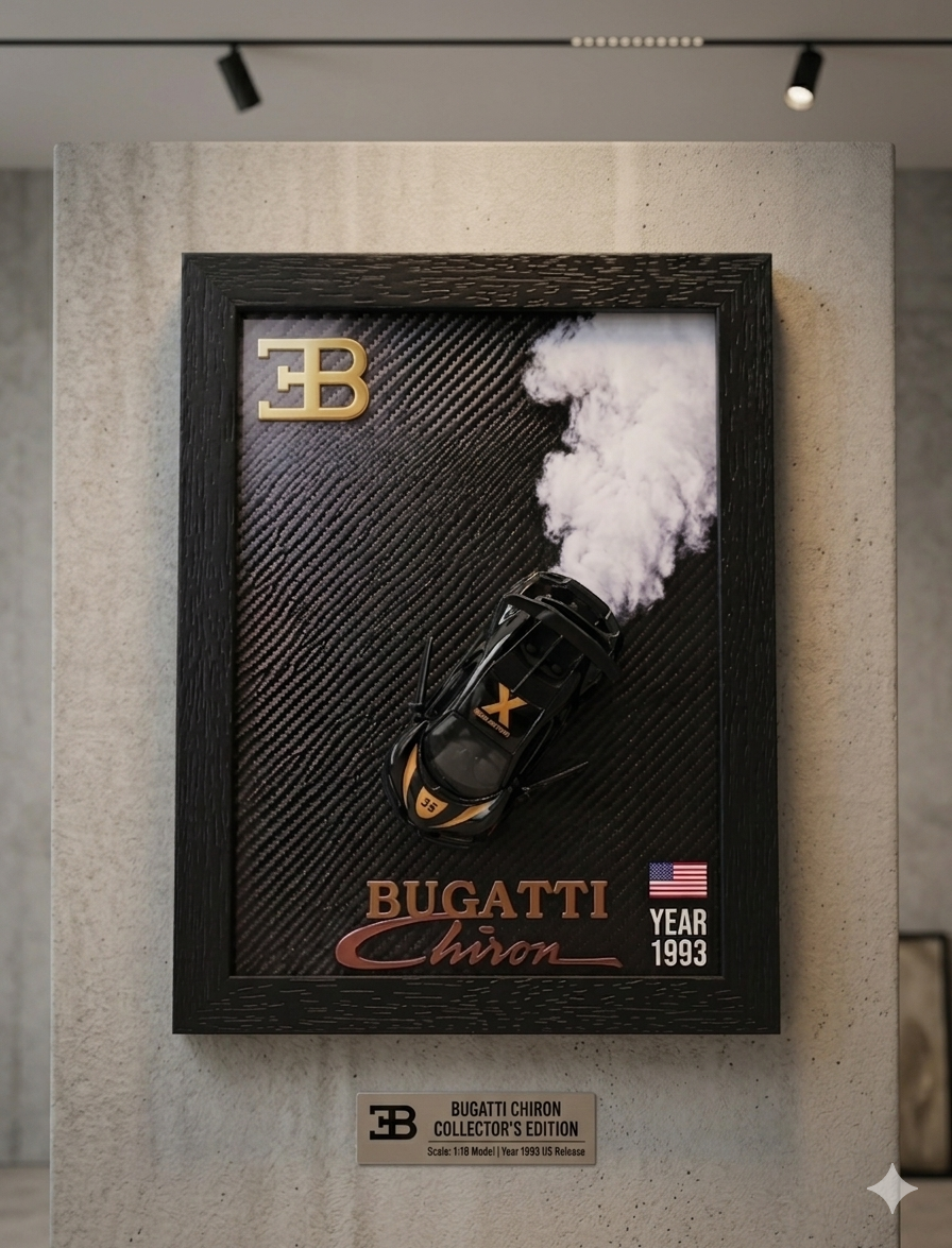 BUGATTI CHIRON 3D Car Frame(SCALE-1:64) Wall Art Wooden Frame With Removable Die-Cast Cars Pull-Back Action Lights And Opening Doors Collectible Display For Car Lovers
