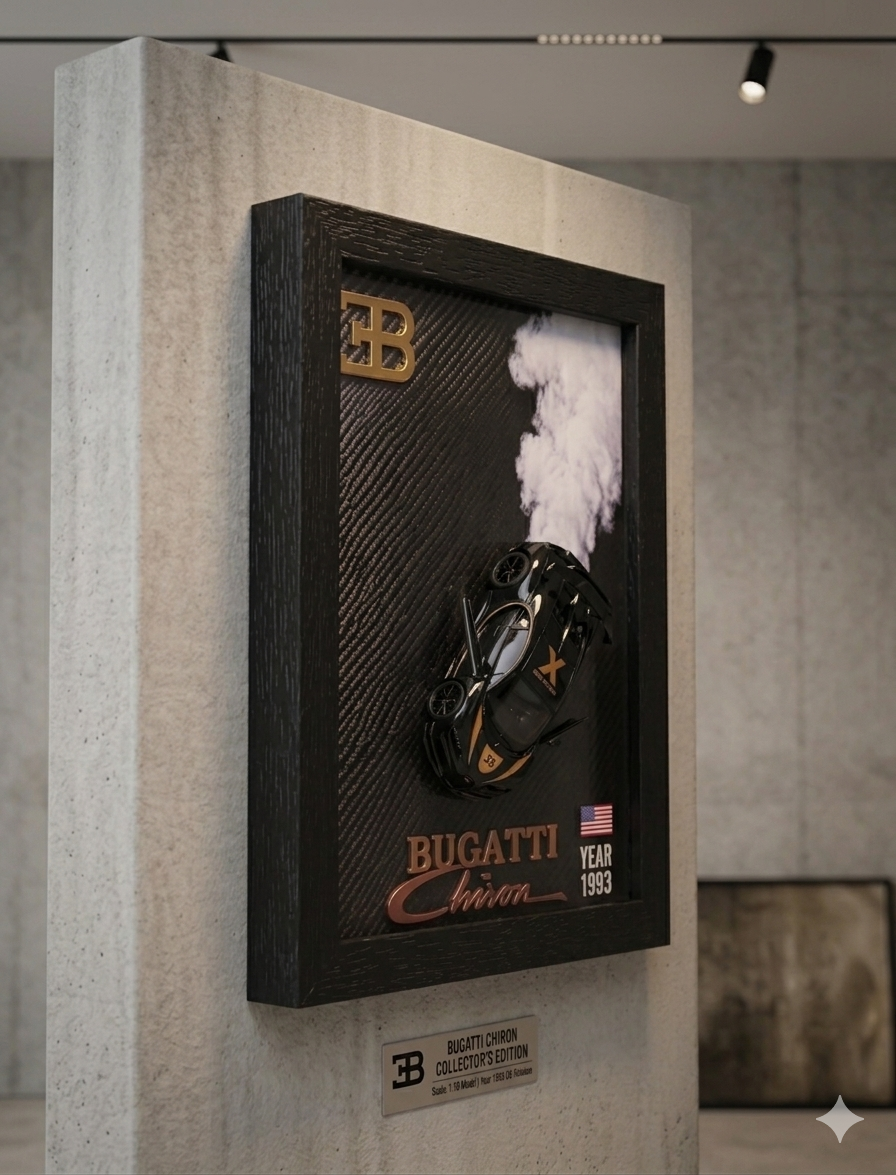 BUGATTI CHIRON 3D Car Frame(SCALE-1:64) Wall Art Wooden Frame With Removable Die-Cast Cars Pull-Back Action Lights And Opening Doors Collectible Display For Car Lovers