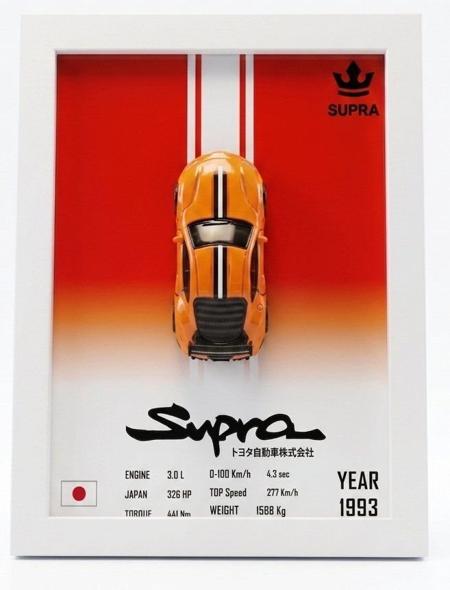 TOYATO SUPRA 3D Car Frame(SCALE-1:64) Wall Art Wooden Frame With Removable Die-Cast Cars Pull-Back Action Lights And Opening Doors Collectible Display For Car Lovers