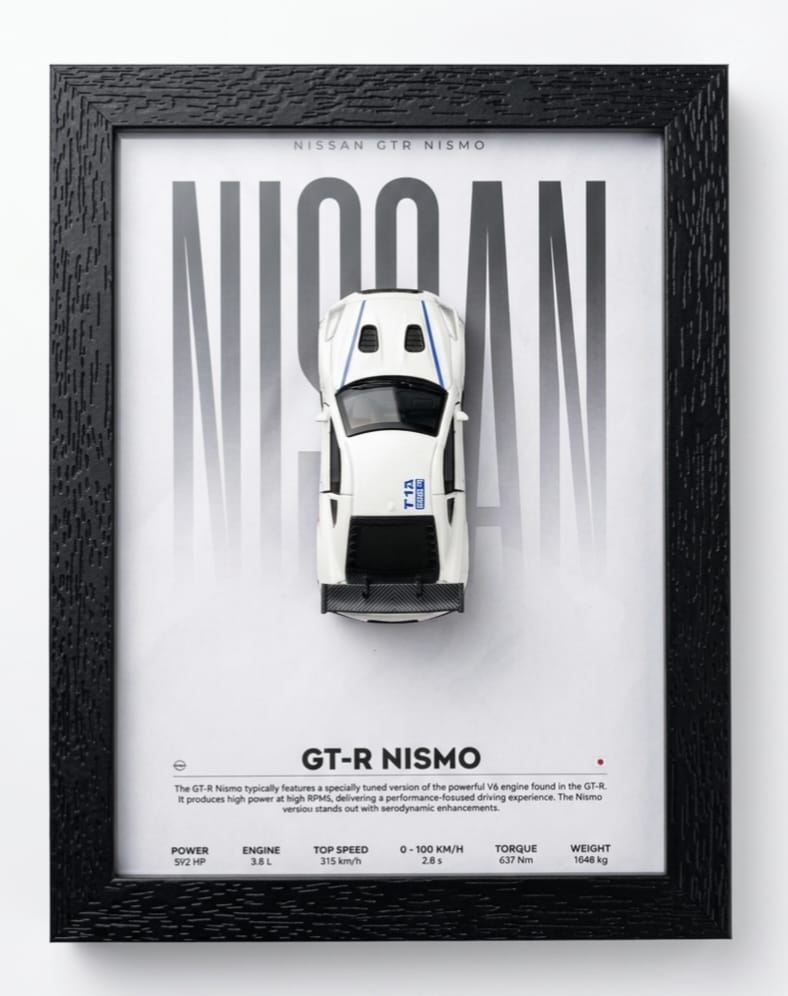 NISSAN GT-R NISSAMO 3D Car Frame(SCALE-1:64) Wall Art Wooden Frame With Removable Die-Cast Cars Pull-Back Action Lights And Opening Doors Collectible Display For Car Lovers
